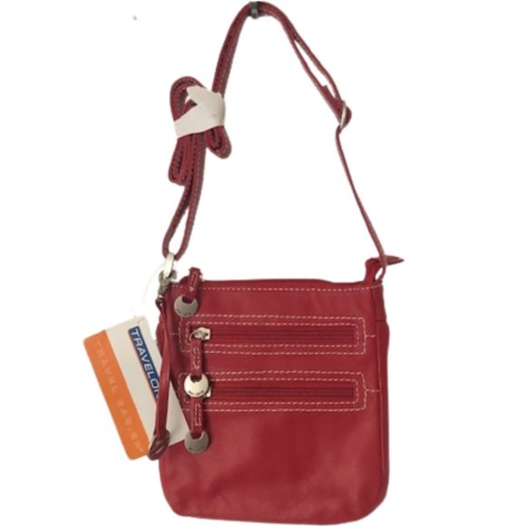Travelon Red Leather Adjustable Expandable Travel Bag 7.5" h x 6.5" w x 1” - Picture 1 of 12